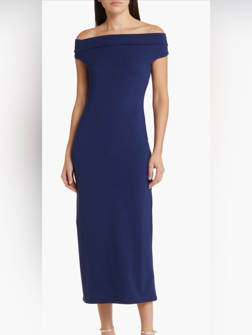Reformation Off-Shoulder Maxi Dress in Navy Blue